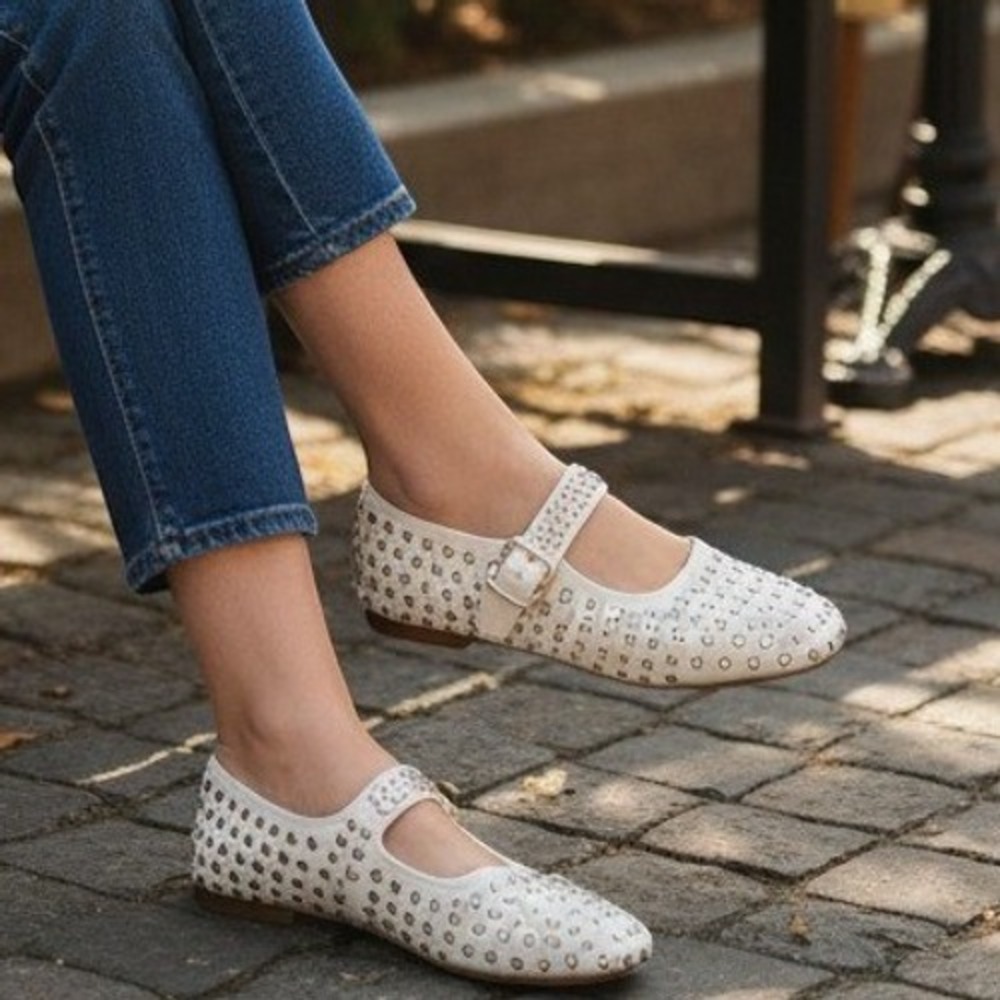 Camila Coelho Princess Mary Jane Flats Cream Crystal Studded Canvas Shoes 8.5M